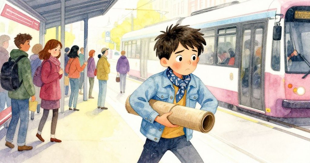 在電車站擁擠人群中，米羅收起畫布筒轉身離開，神情中混合無奈與堅定，背景充滿現代城市忙碌感。