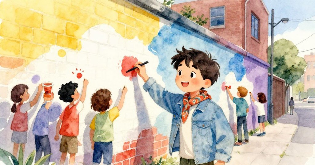 在河畔巷中，米羅與志工們歡笑著共同塗鴉社區壁畫，他打開筒裝畫布展現藍金旋渦設計，溫馨充滿創意。