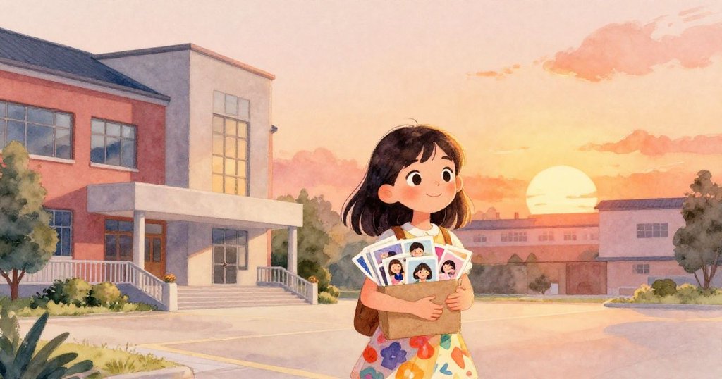 Mia攜帶精美相片小盒走向充滿溫暖光芒的現代學校外牆, 臉上帶著期待與活力, 清晨氛圍明亮醒目。