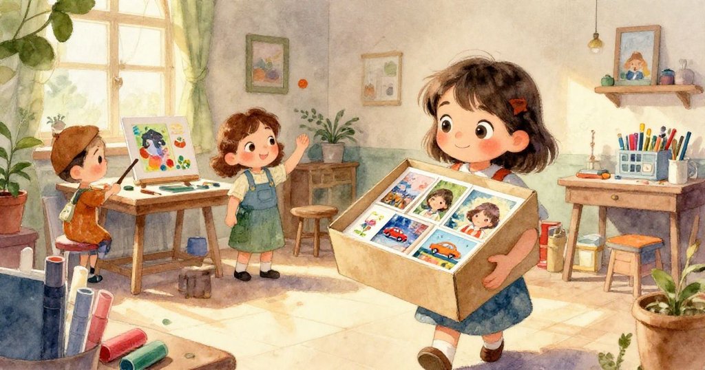 Mia的手仔細排列彩色相片、標記筆與顏色卡, 靠近木桌豐富紋理展現藝術準備過程, 氣氛溫暖充滿細節。