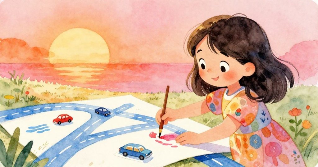 Mia驚喜發現油漆偶然形成的藍色公路, 臉上洋溢快樂與驚奇, 正細心地貼上小車相片, 現場充滿創作魔力。