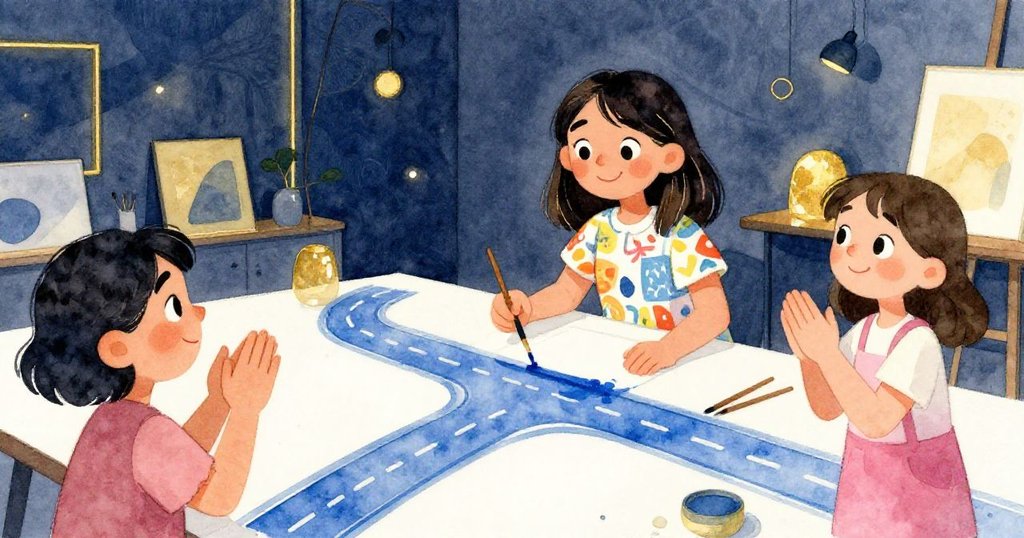 Mia自信展示完成的藝術作品, 與朋友在充滿光彩教室裡共同慶祝, 藍色創意路徑引領向新未來, 氣氛溫馨而充滿可能。