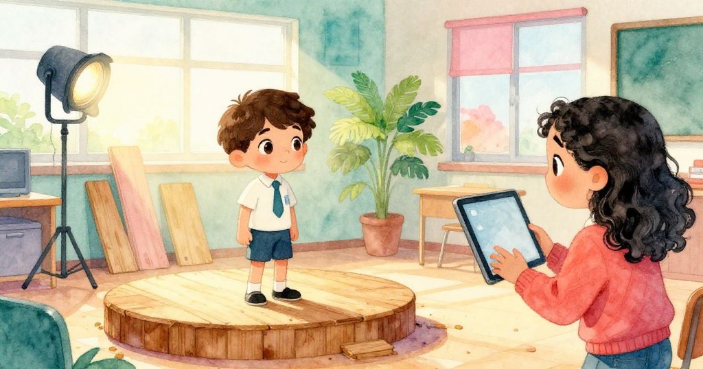 Milo和Camila在學校媒體室中合作準備錄影，Milo在小台上練習台詞，場景充滿溫暖晨光與創意道具。