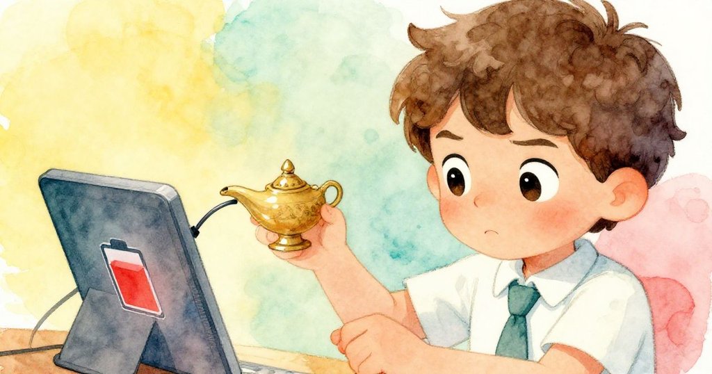 Milo專注地處理平板電量故障，手握古舊燈具線纜在平板上顯示紅色低電量符號，畫面細膩呈現焦急與堅持。