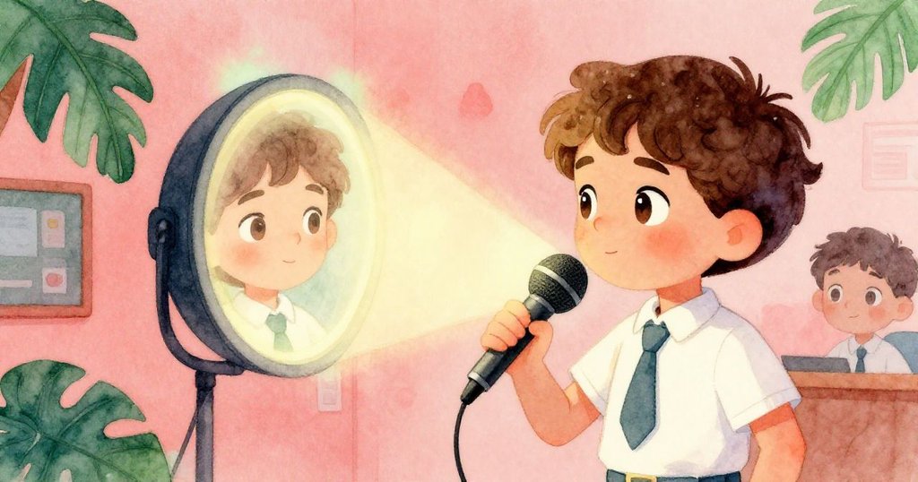 Milo站在閃爍聚光燈下，調整麥克風並凝視反射中的自己，臉上透露堅定與微妙緊張，場面充滿戲劇張力。