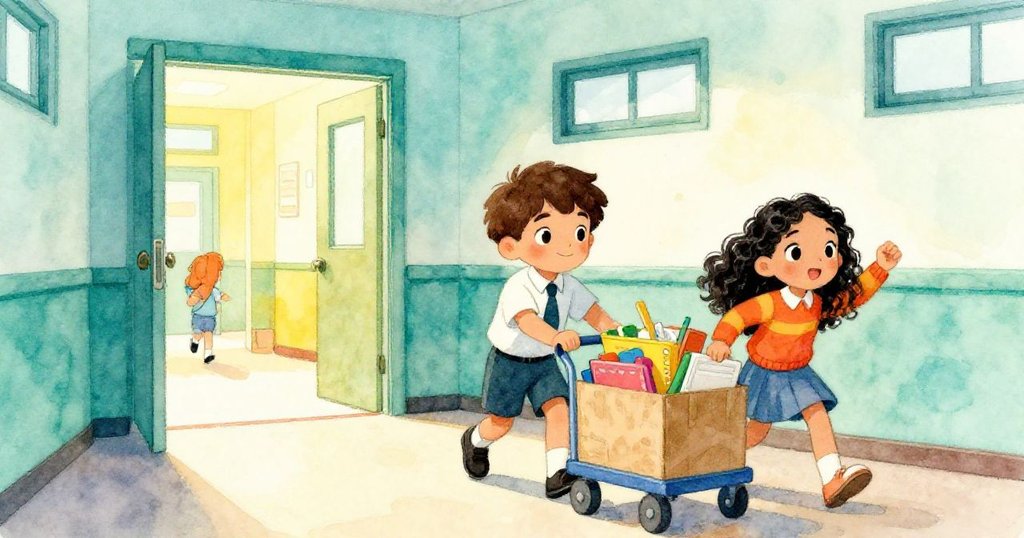 Milo與Camila將道具推至走廊，急促腳步聲從敞開的門傳來，場景充滿校園活力與緊張轉場的突發情境。