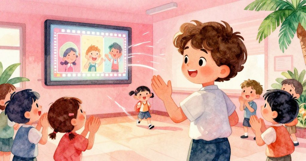 走廊上螢幕播放著Milo錄像，學生們熱情鼓掌大笑，動感軌跡呈現出現場充滿活力與即時反應的熱鬧情境。