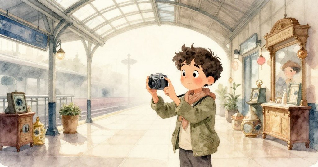 馬爾科斯在中央車站內調整手機拍照，玻璃屋頂透出柔和晨霧光芒，古色古香的場景中充滿平靜與期待。