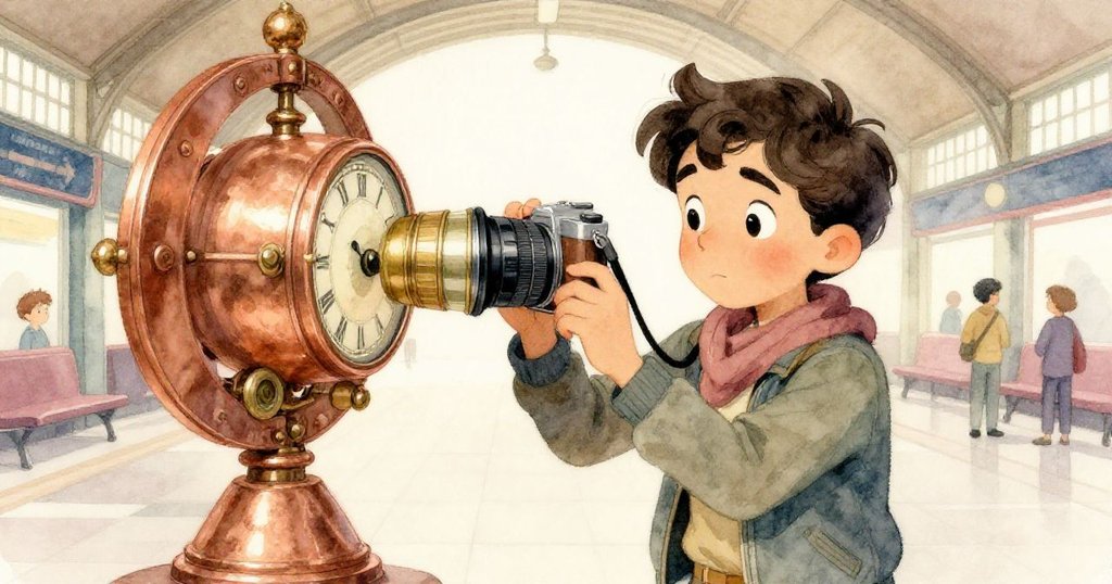 馬爾科斯專心清理相機鏡頭，背景中展示精緻圓弧內的銅時計，留白空間突顯細節與期待情緒。