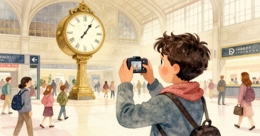 從馬爾科斯背後看去，他正透過手機捕捉壯麗大時計，背景中乘客環繞，充滿都市活力與溫暖光影。