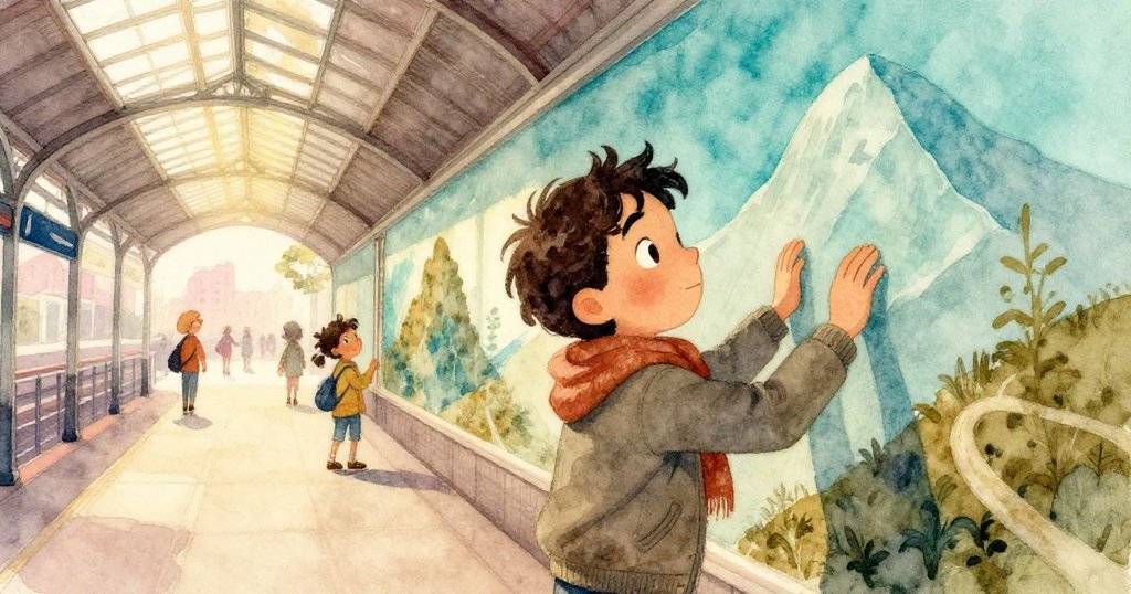 馬爾科斯凝視北牆上鮮豔的山脈壁畫，指向壁畫表達驚喜與靈感，暖光映襯出現代車站的藝術氛圍。