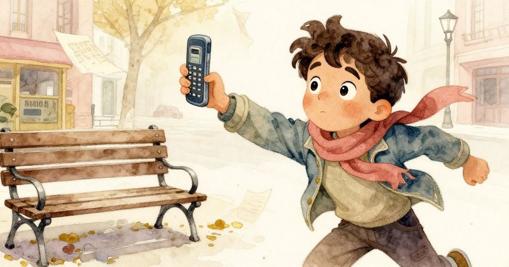 馬爾科斯緊張出手試圖接住滑落手機，報紙在長椅上輕滑，特寫展現瞬間危機與都市熱情。