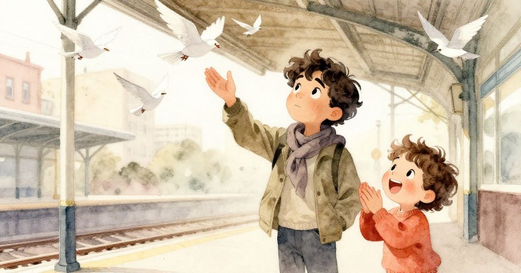 馬爾科斯驚訝望著紙鳥從時鐘中飛出，快樂孩童拍手助興，乘客各自展露驚奇神情，場景充滿奇幻與溫暖氣息。