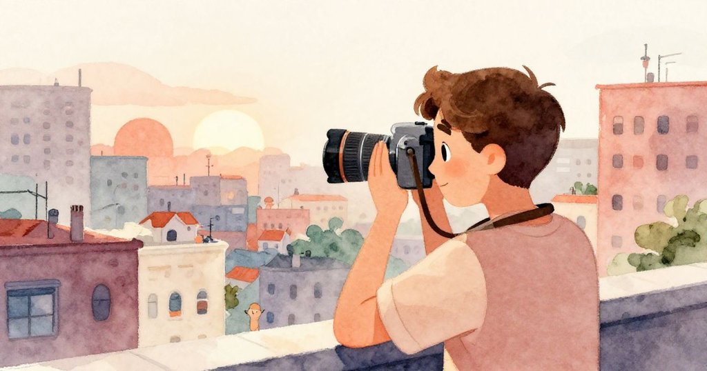 路易斯從肩後視角觀察露台景觀, 通過相機鏡頭捕捉人群與夕陽交織的美麗瞬間。