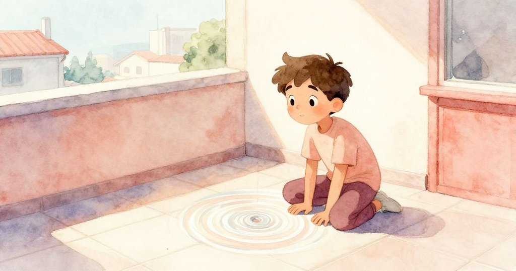 路易斯在小室內注意到光亮海報, 隨風旋轉滑過瓷磚, 與身後人群形成驚喜場景。