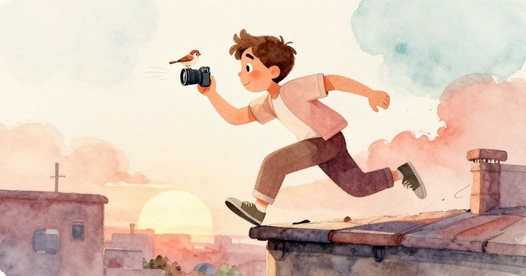 路易斯迅速衝向縫隙, 蹲下按下相機, 同時小麻雀降落鏡頭, 動態捕捉夕陽熱情光芒。