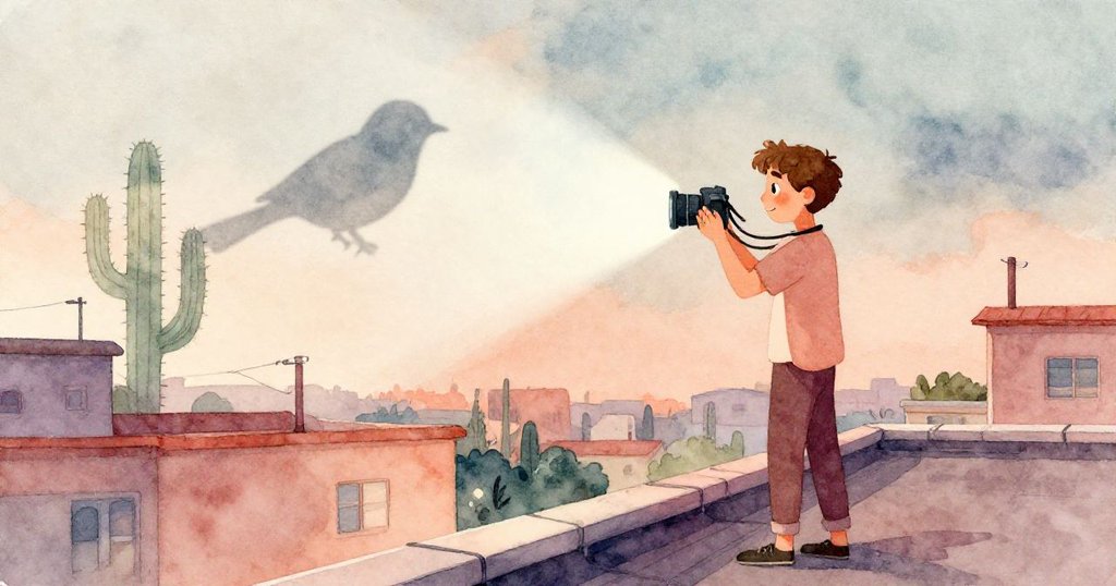 路易斯站在露台, 手持閃光預覽圖, 麻雀影子與仙人掌輪廓交融, 靜謐黃昏展現意外美景。