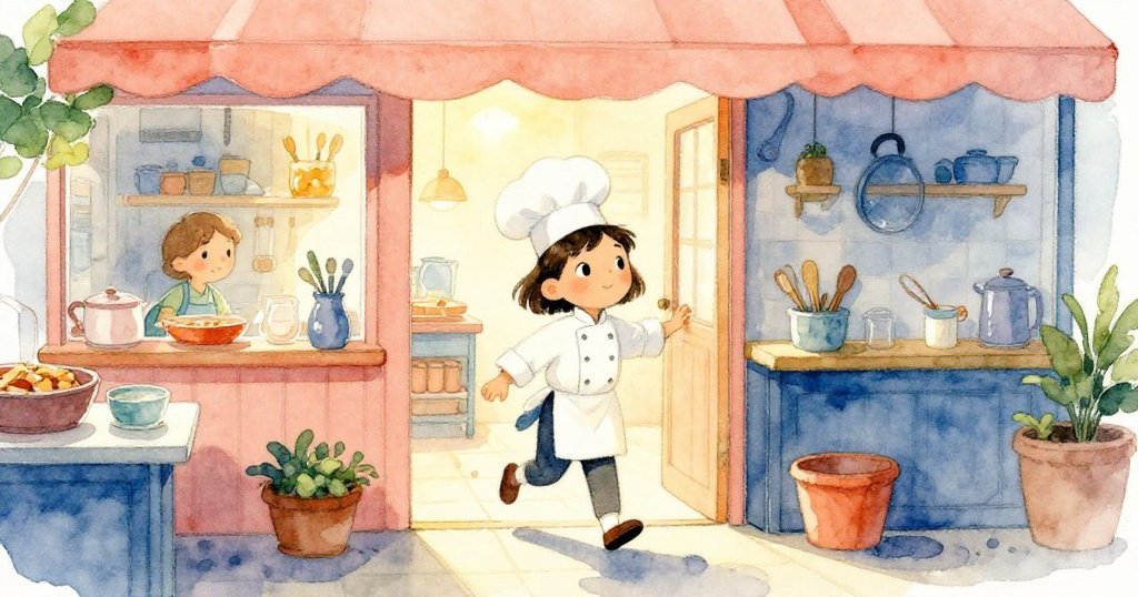 Mara穿著廚師服從市場後門走進緊湊廚房，臉上透露堅定與期待，背景有溫暖光線與市場氣氛。