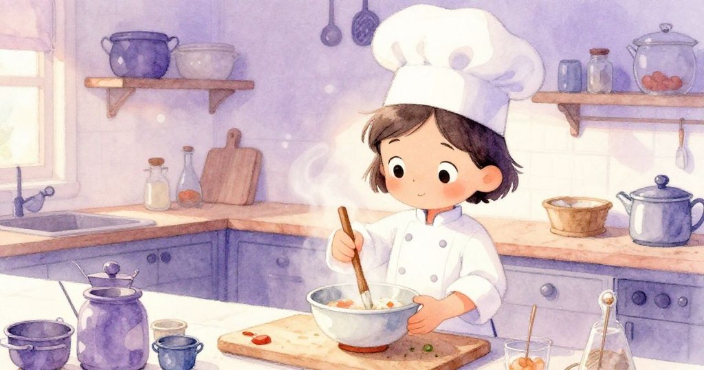 Mara專注攪拌冒著蒸氣的碗，手法熟練，櫃檯上排列著各式食材，溫暖色調中顯現希望與執著。