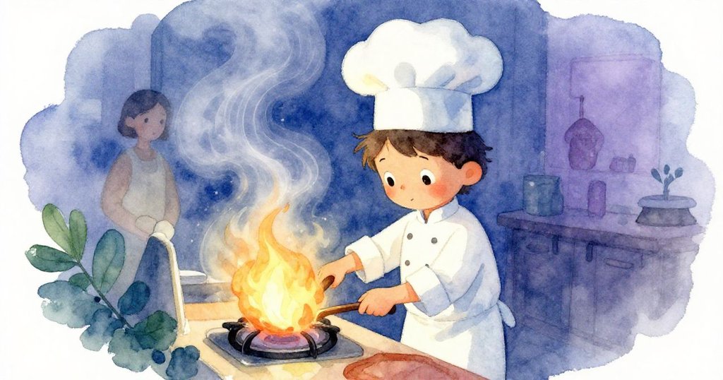 Mara在廚房調整發出微弱藍光的火爐，蒸氣彷彿扭曲起舞，背景隱約出現好奇訪客，現場氣氛微妙而緊張。