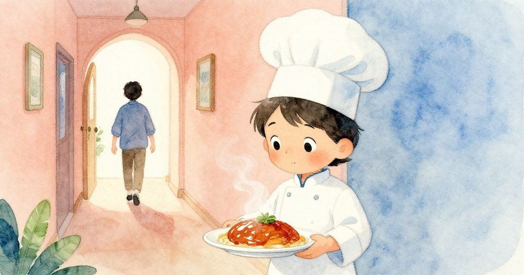 Mara微笑著欣賞精緻蒸氣盤，背景訪客沿走廊離去，柔和黃昏光線映出溫馨場景與對未來的期待。