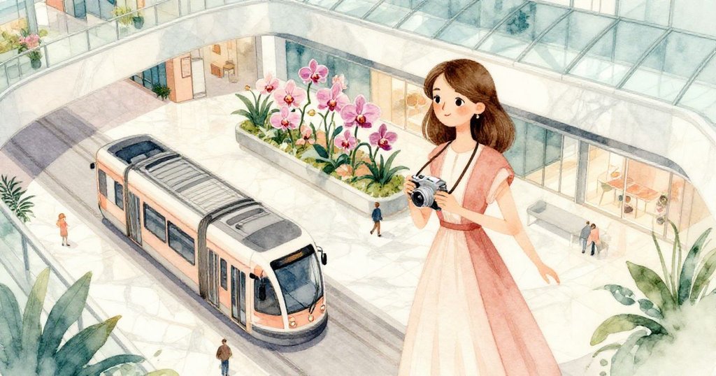 Silvia 穿著優雅服裝踏入綠意盈門的展廊，中午鐘聲剛散，街車和蘭花互映，場景壯麗溫暖充滿期待