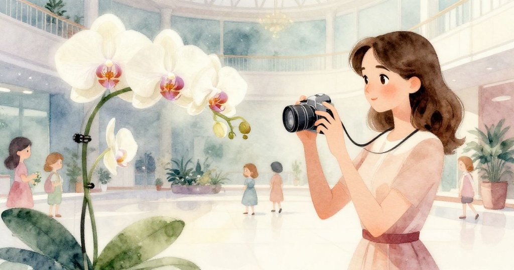 Silvia 手持相機聚焦懸掛蘭花，空間留白突顯寧靜氣息，神情專注準備捕捉春日美景