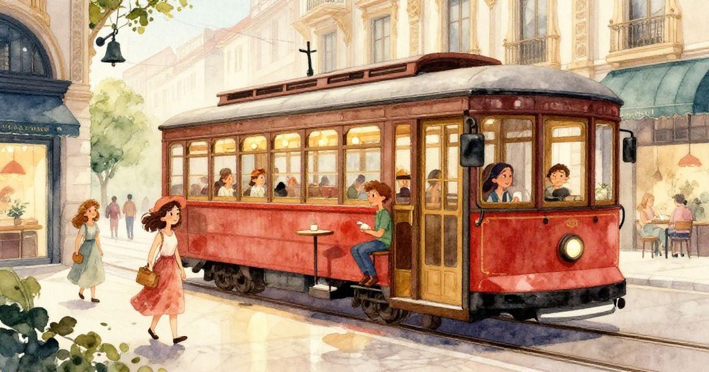 街車內部呈現超現實幾何變形，蘭花和彩紙交織，乘客間流露驚奇，場景奇幻而詩意