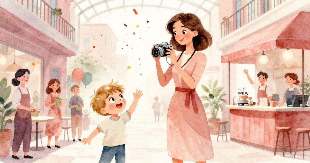 Silvia與眾人共享快樂時刻，彩紙沖天飛舞，男孩和咖啡職員互動歡笑，場面慶祝熱鬧洋溢