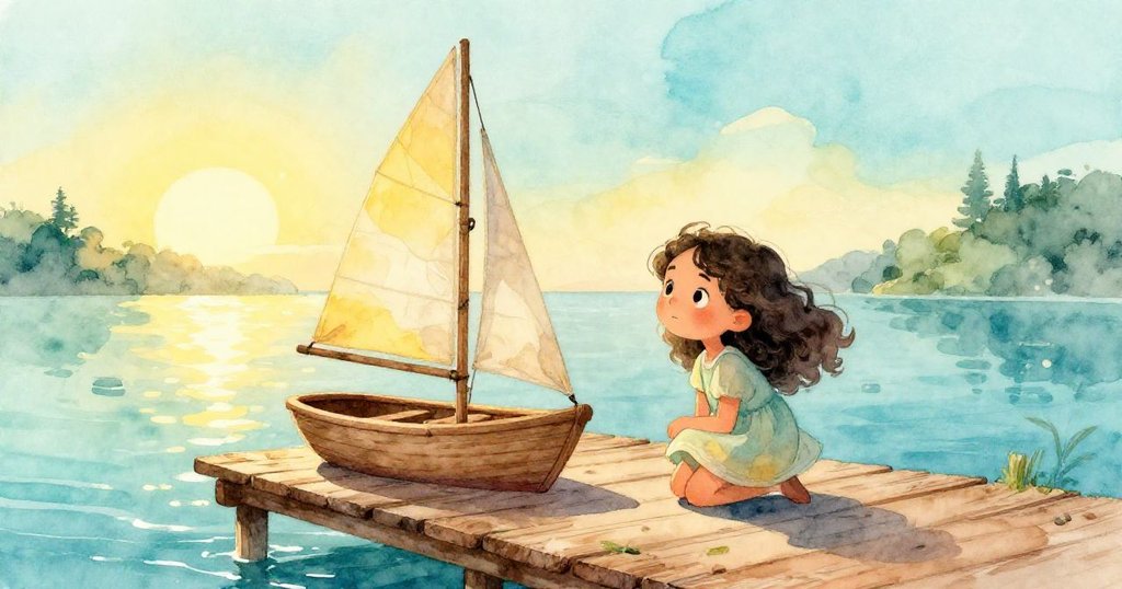 Carla在破曉時分蹲於木碼頭邊，凝視著波光粼粼的水面，表情充滿好奇與期待，展現冒險起始。