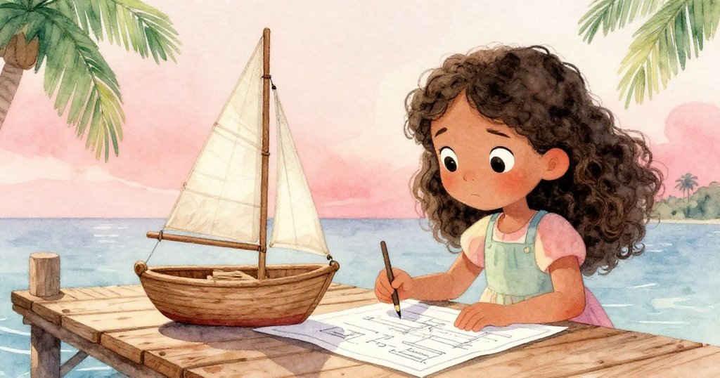 Carla專注研究她的手工帆船與摺皺藍圖，手指輕觸紙上草圖，清晨柔光中展現製作用心與對比。