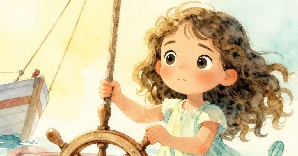 Carla低角度近拍，專注調整用小湯匙刻成的舵，雙手穩握細桅杆，表情堅毅滿含決心。