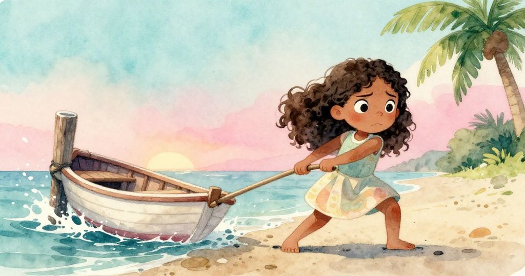 Carla在碼頭上努力拉回與柱子碰撞的小帆船，面露懊惱中透著堅毅，水花四濺呈現動態瞬間。