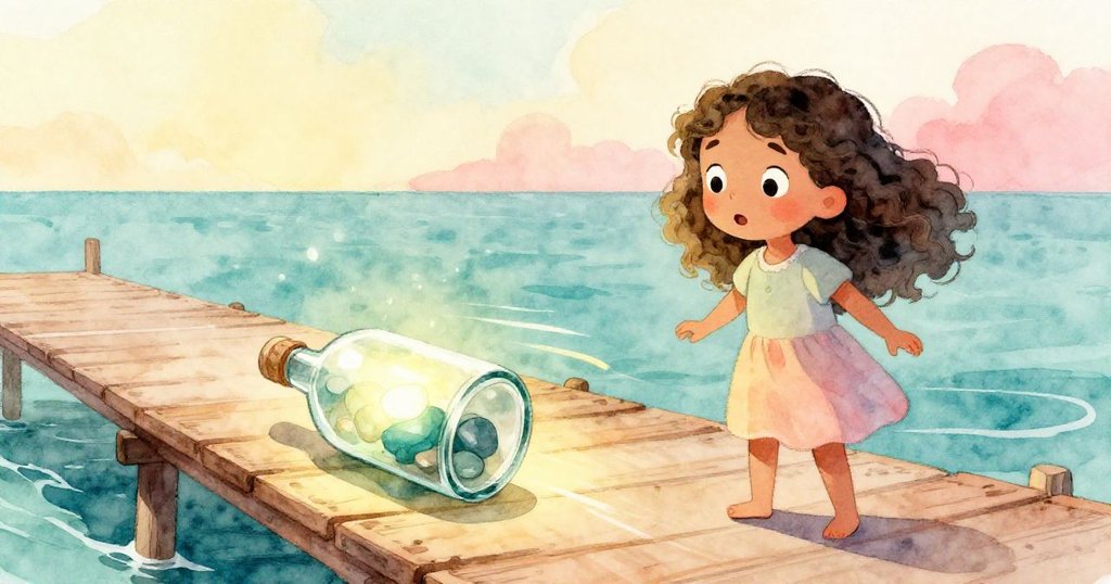 Carla注視著沿碼頭滑動的玻璃瓶，瓶中石頭散發微光，動態線條衬托出她驚奇與期待的神情。