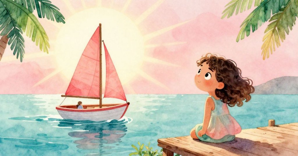 Carla滿懷喜悅望著她調整後穩定前行的小帆船，帆船在光輝波浪中航行，遠方光明與碼頭相映成趣。