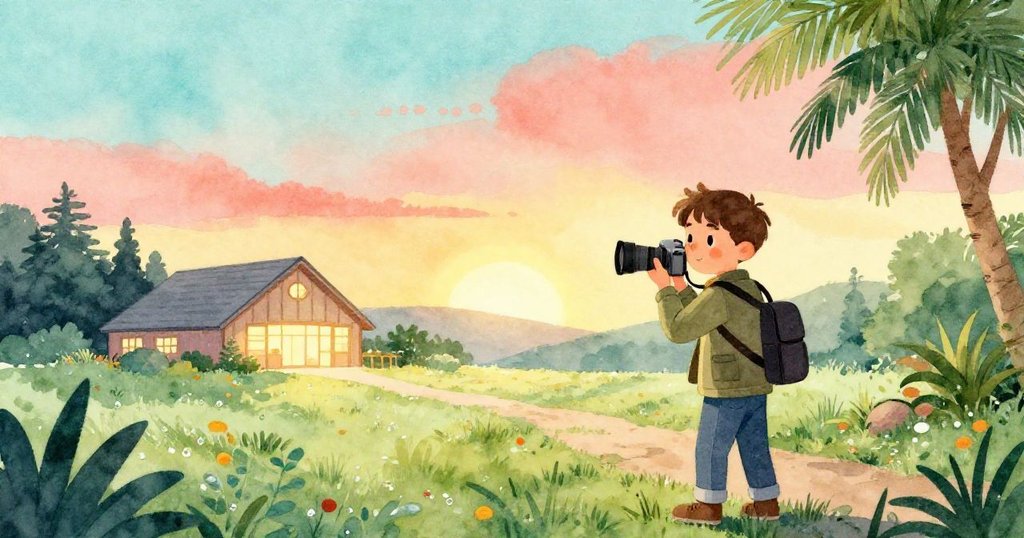 在黎明前的史通國家公園，Luke背著相機包輕步走向發光訪客中心，露水閃爍，充滿期待與寧靜氛圍。