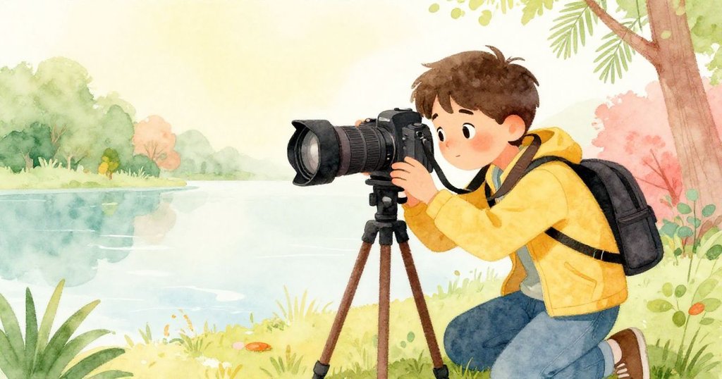 Luke蹲下專注調整鏡頭，透過取景器捕捉被晨霧輕覆的湖面，臉上充滿期待與驚喜。