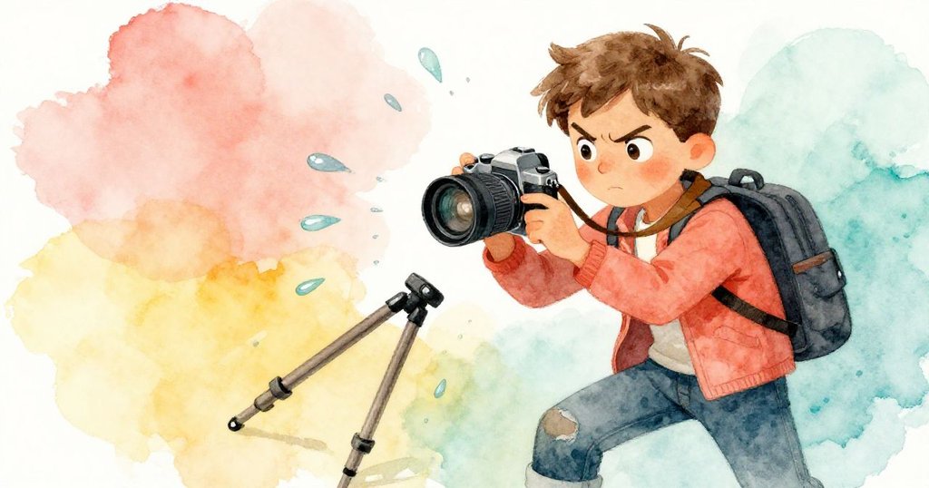 Luke緊皺眉、急速抓住滑落的腳架，表情緊張，晨曦中的相機與水滴共同記錄這瞬間衝突。