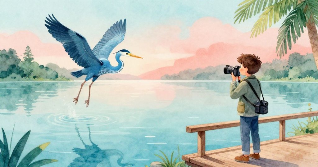 湖面平靜，藍鷺展翅飛離木欄杆，Luke靜立欣賞晨曦，心中洋溢著從緊張到喜悅的寧靜感受。