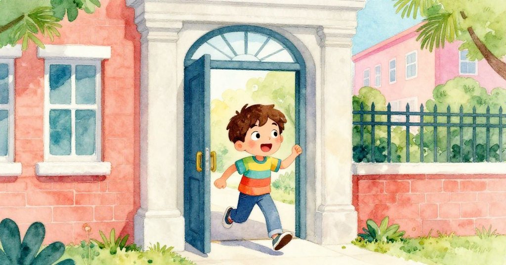 Leo興奮地從學校大門走出,充滿期待地邁向色彩斑斕的都市街道,展現校園與城市交接的活力與希望。