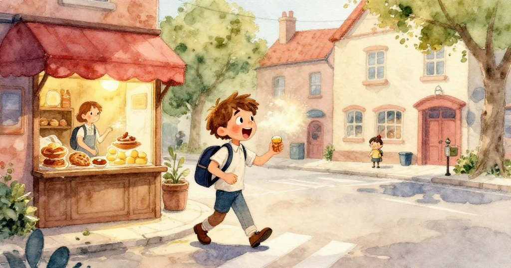 麵包店內,金色硬幣在精緻木櫃檯上滾動,Leo的手影隱現,營造出溫暖精緻的細節效果。