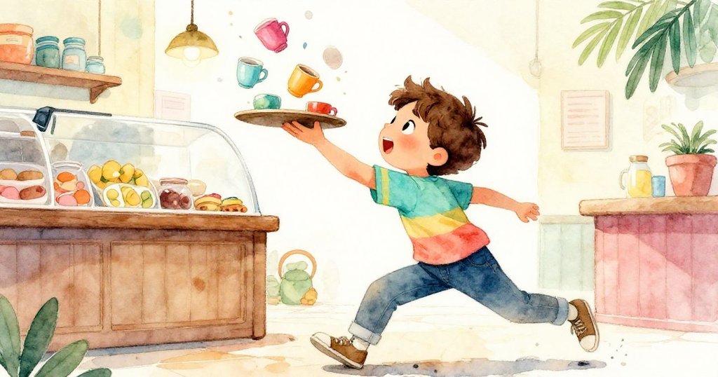 從低角度看見Leo英勇躍起接住落下的杯子,金屬托盤搖晃中展現出強烈動感與決心。