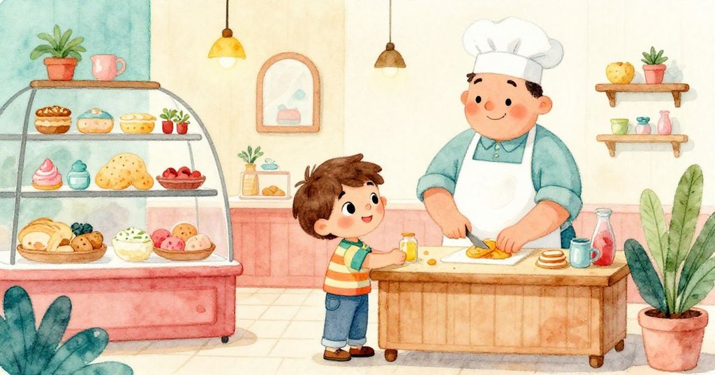 在溫馨麵包店內,Leo與笑容滿面的麵包師傅互動著清理櫃檯,室內裝飾細緻散發著舒適與安心。