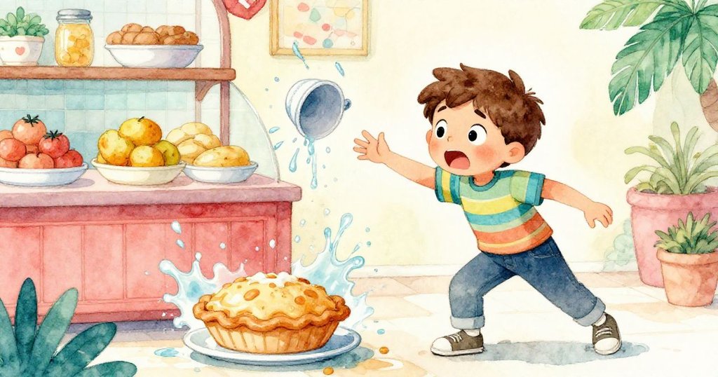 緊張時刻中,水杯開始傾倒,水花四濺,Leo急伸手試圖救起搖晃的餡餅,表情充滿焦慮與決心。