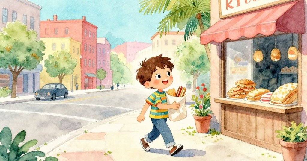 帶著餡餅與三明治的袋子,Leo滿心喜悅走出麵包店,踏向光明都市街道,迎接嶄新冒險與未來希望。