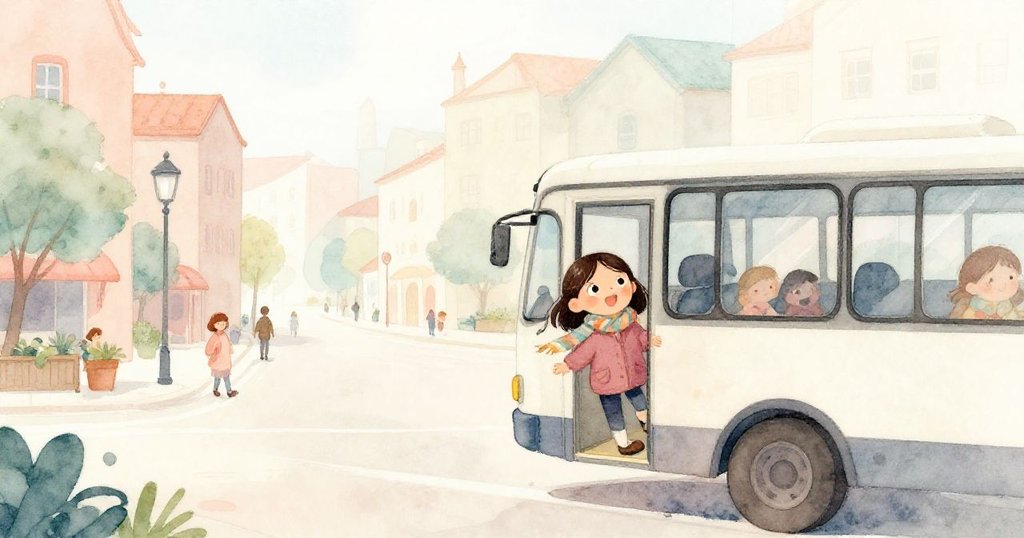 小麗娜在晨光中從公車下來，身影充滿希望，走進熱鬧的城鎮廣場，展現冒險旅程的開始。