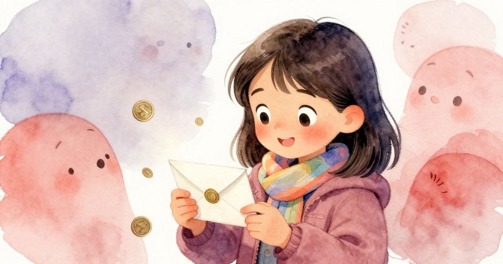 小麗娜仔細打開帶有金色貼紙的明信片，一手緊握存錢罐，滿懷期待與小小緊張，準備光臨新麵包店。