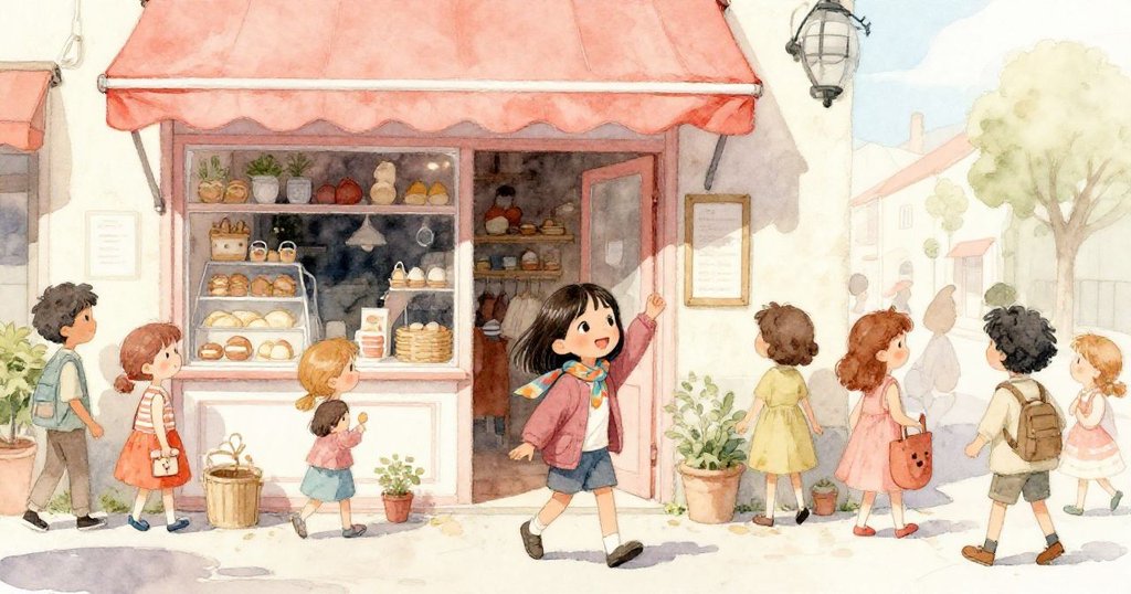 小麗娜在明亮的中午穿過熱鬧的群眾，背景是裝飾溫馨的麵包店外景，陽光灑滿街道，充滿生機。