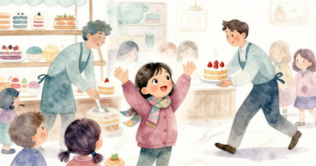 小麗娜急促地穿越擁擠人群，一旁服務員飛速推著草莓蛋糕，現場充滿緊張與活力，動感十足。