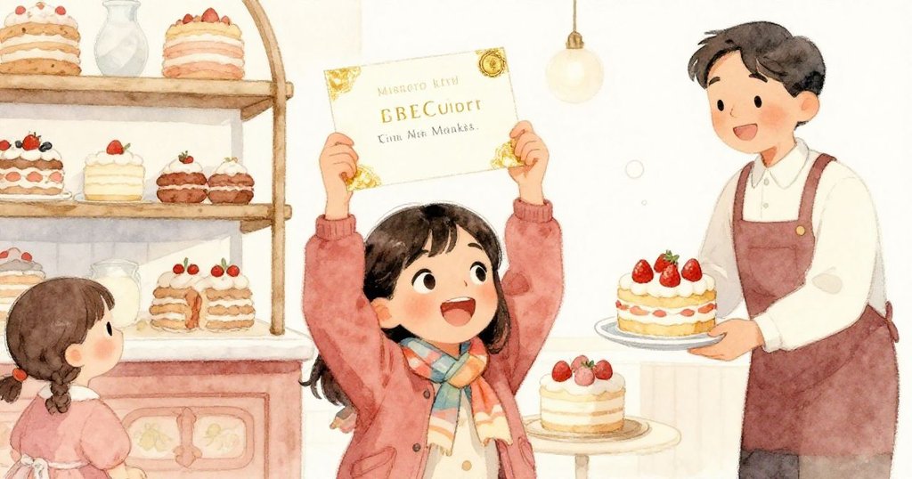 小麗娜滿懷喜悅地舉起金貼紙邀請卡，服務員微笑著遞回草莓蛋糕，溫馨交換成就了心愛禮物的獲得。